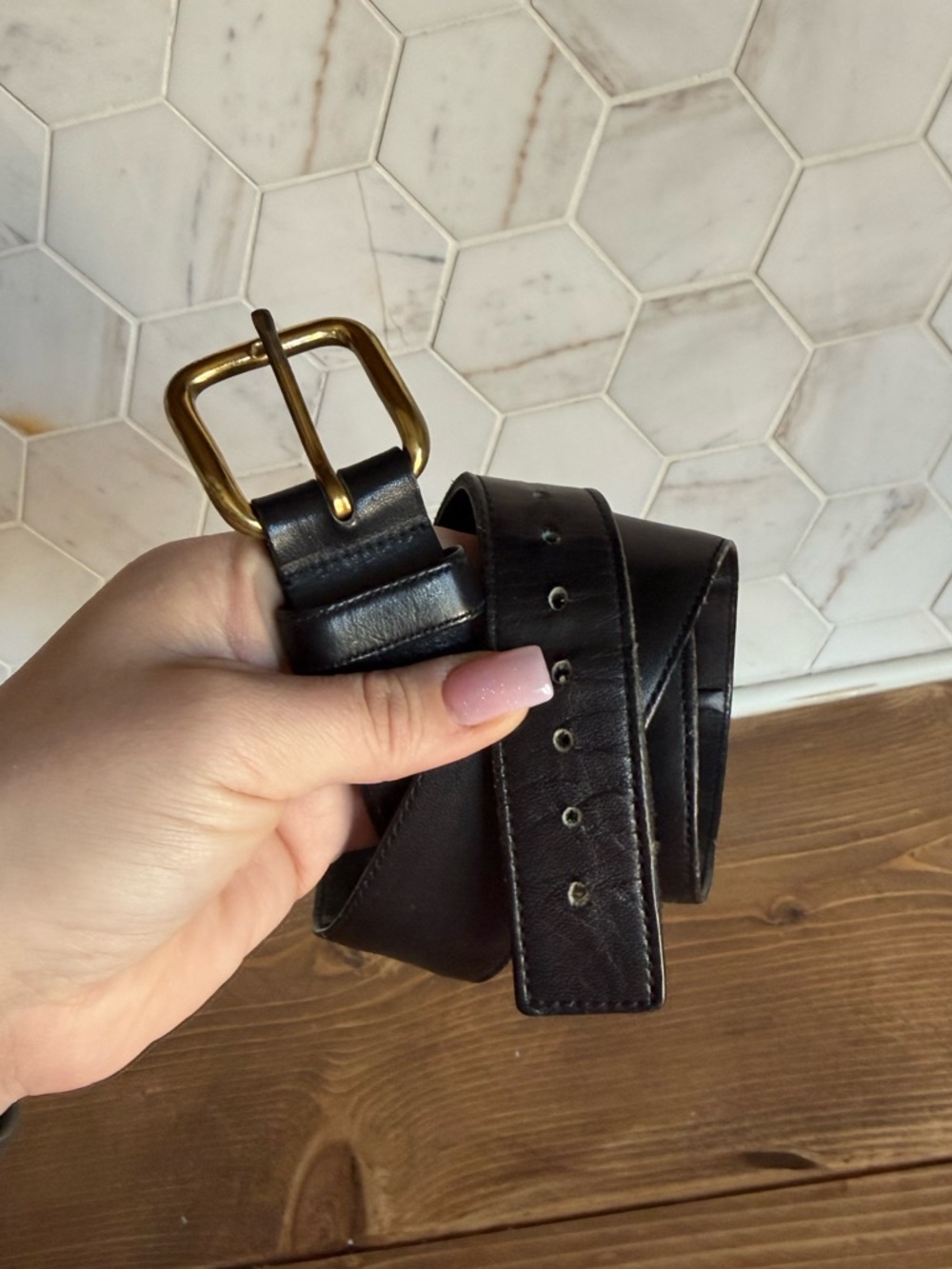 Vtg. Dooney & Bourke Black Leather Belt with Gold Buckle